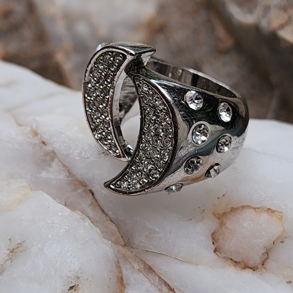 Statement Silver Ring White Crystals Macy's 2 Moon Cocktail Ring - Picture 9 of 15